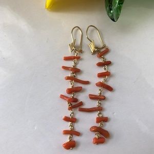 10K Gold Genuine Coral Twig Salmon  Earrings